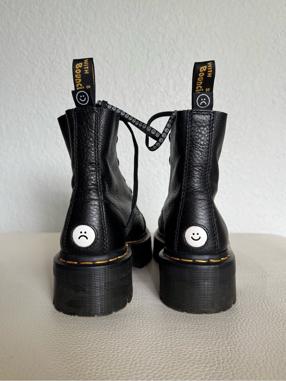 US Women’s 8 - Dr. Martens x Lazy Oaf Happy Sad Black Leather Platforms - Picture 2 of 13